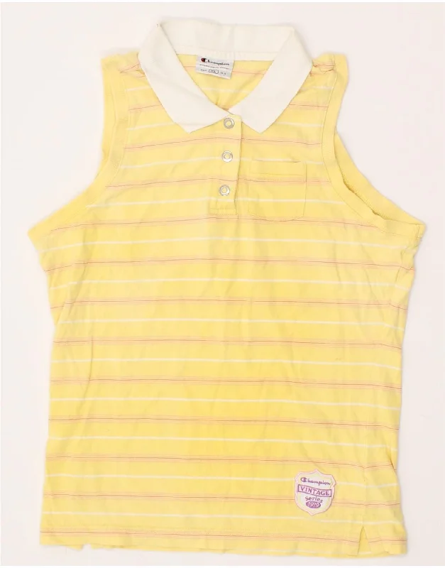 men's golf polo shirts -CHAMPION Girls Sleeveless Polo Shirt 12-13 Years XL Yellow Striped Cotton