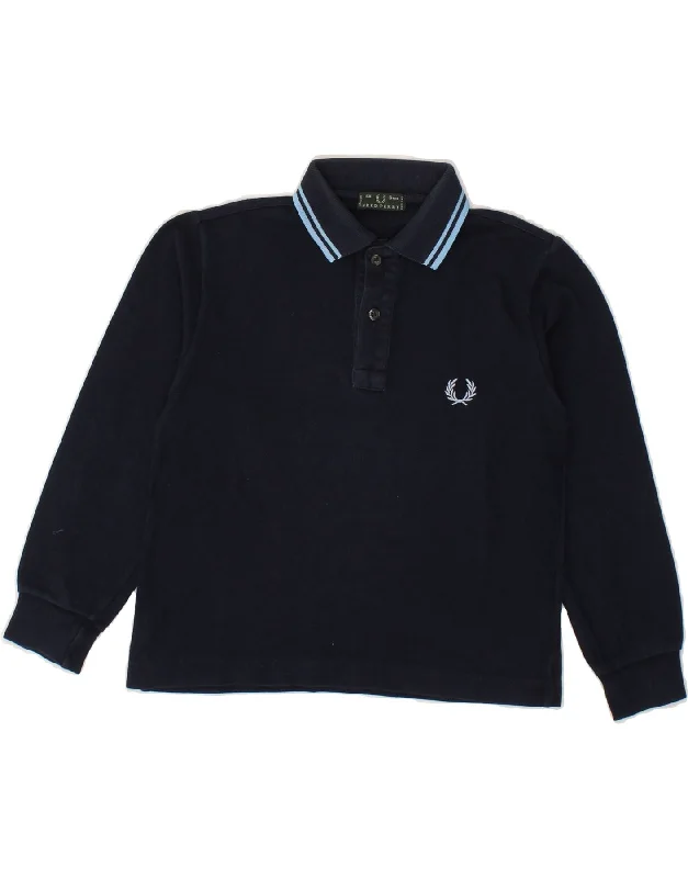 men's designer polo shirts -FRED PERRY Boys Long Sleeve Polo Shirt 5-6 Years Navy Blue Cotton