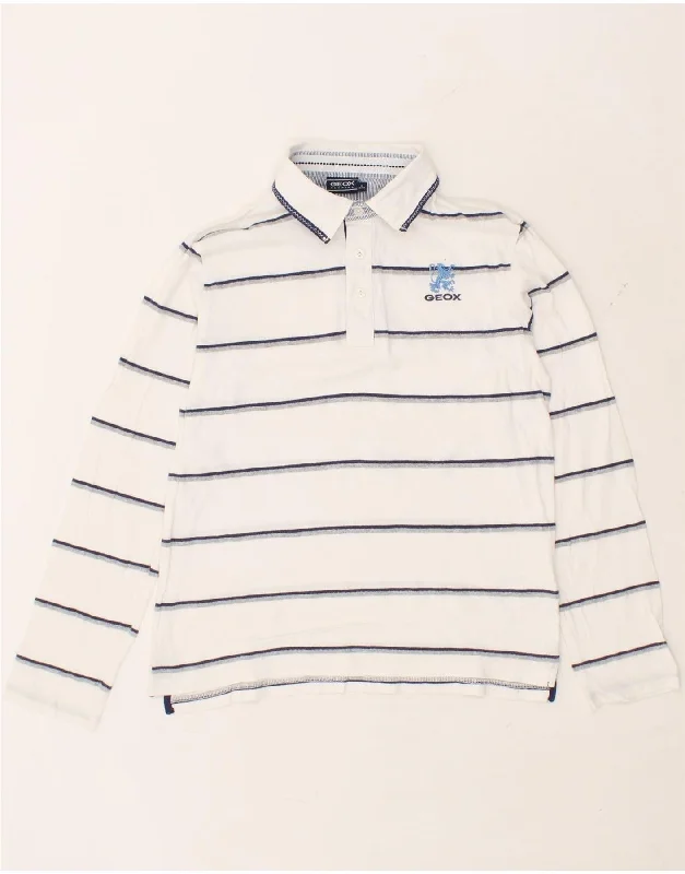 men's polo shirts with side vents -GEOX Boys Long Sleeve Polo Shirt 13-14 Years White Striped Cotton