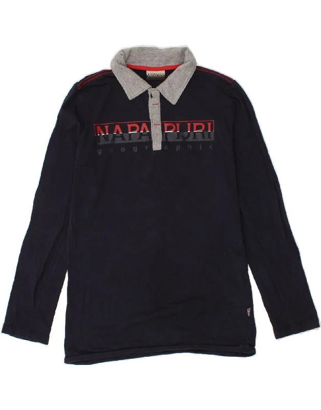 men's long sleeve pique polo shirts -NAPAPIJRI Boys Graphic Long Sleeve Rugby Polo Shirt 11-12 Years Navy Blue