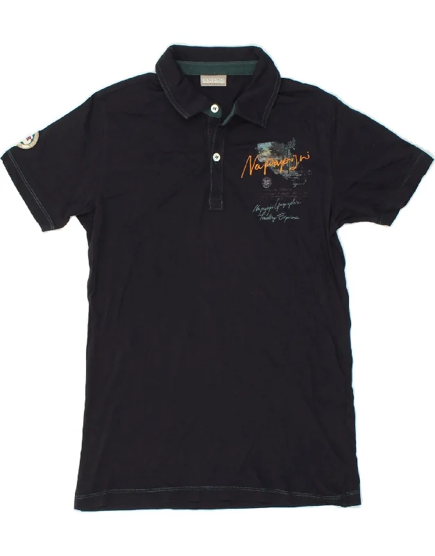 men's polo shirts with designs -NAPAPIJRI Boys Graphic Polo Shirt 13-14 Years Navy Blue Cotton