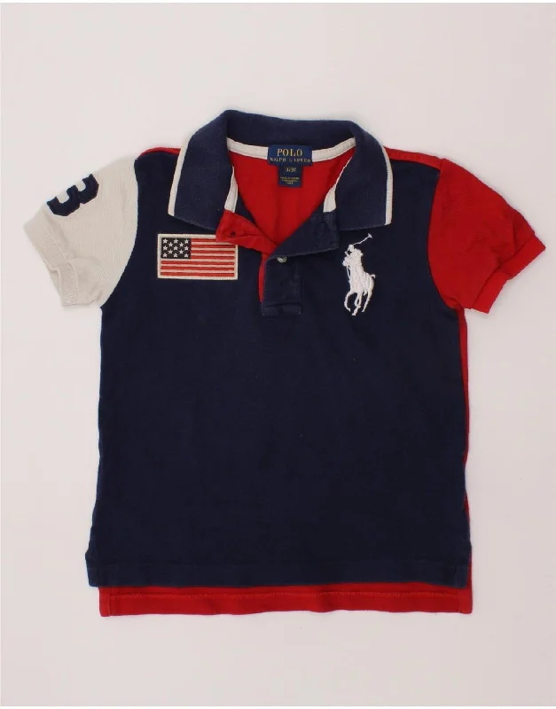 men's embroidered polo shirts -POLO RALPH LAUREN Boys Graphic Polo Shirt 2-3 Years Navy Blue Colourblock