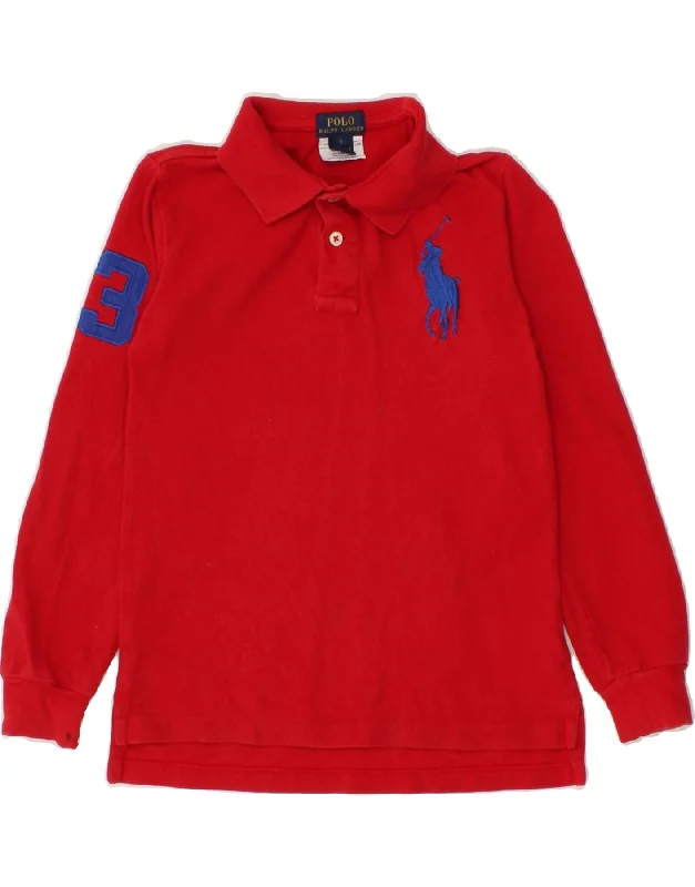 men's polo shirts with side vents -POLO RALPH LAUREN Boys Long Sleeve Polo Shirt 6-7 Years Red Cotton