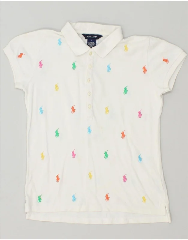 men's polo shirts with logos -RALPH LAUREN Boys Graphic Polo Shirt 8-9 Years Large White Spotted Cotton