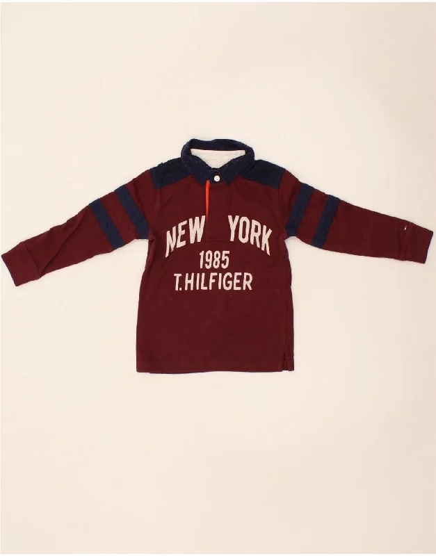 men's embroidered polo shirts -TOMMY HILFIGER Boys Graphic Long Sleeve Polo Shirt 4-5 Years XS Maroon