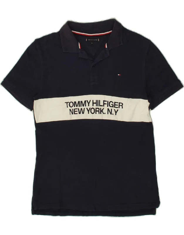 men's pique polo shirts with logos -TOMMY HILFIGER Boys Graphic Polo Shirt 13-14 Years Navy Blue Colourblock