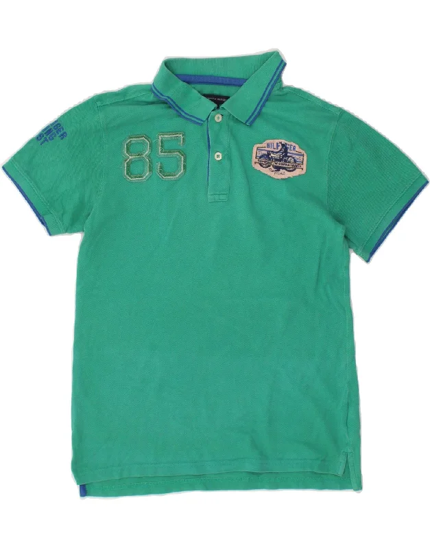 men's designer casual polo shirts -TOMMY HILFIGER Boys Graphic Rugby Polo Shirt 13-14 Years Green Cotton