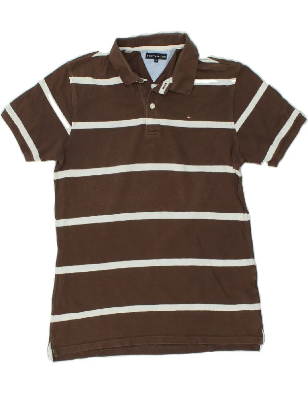 men's stylish cotton polo shirts -TOMMY HILFIGER Boys Polo Shirt 13-14 Years Brown Striped Cotton