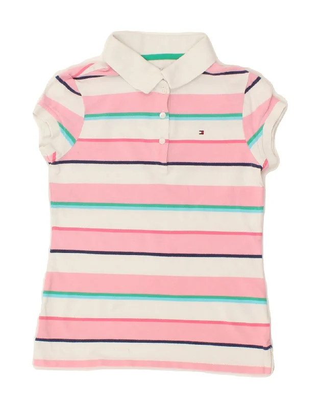 fitted polo shirts for outdoor sports -TOMMY HILFIGER Girls Polo Shirt 8-9 Years Medium Pink Striped Cotton