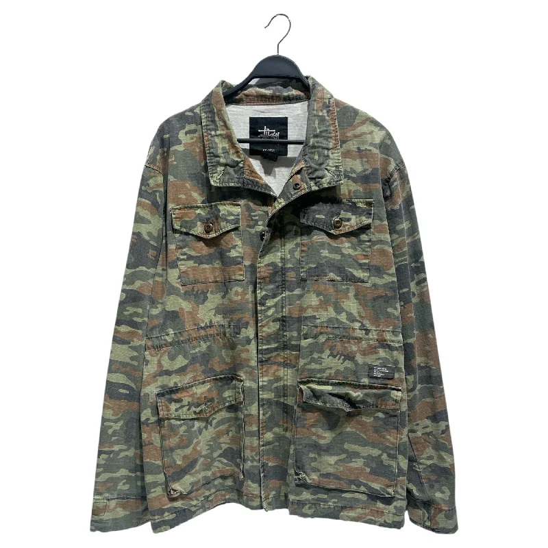 men's modern jackets -STUSSY/Jacket/XXL/Cotton/GRN/Camouflage/ZIP UP, MULTI POCKET