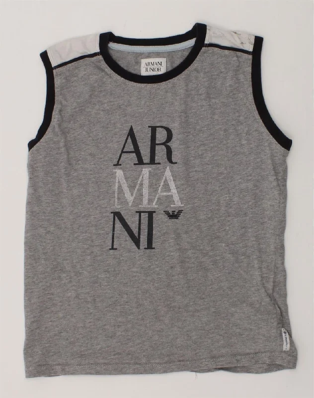 men's casual sleeveless vests -ARMANI JUNIOR Boys Graphic Vest Top 6-7 Years Grey Colourblock Cotton