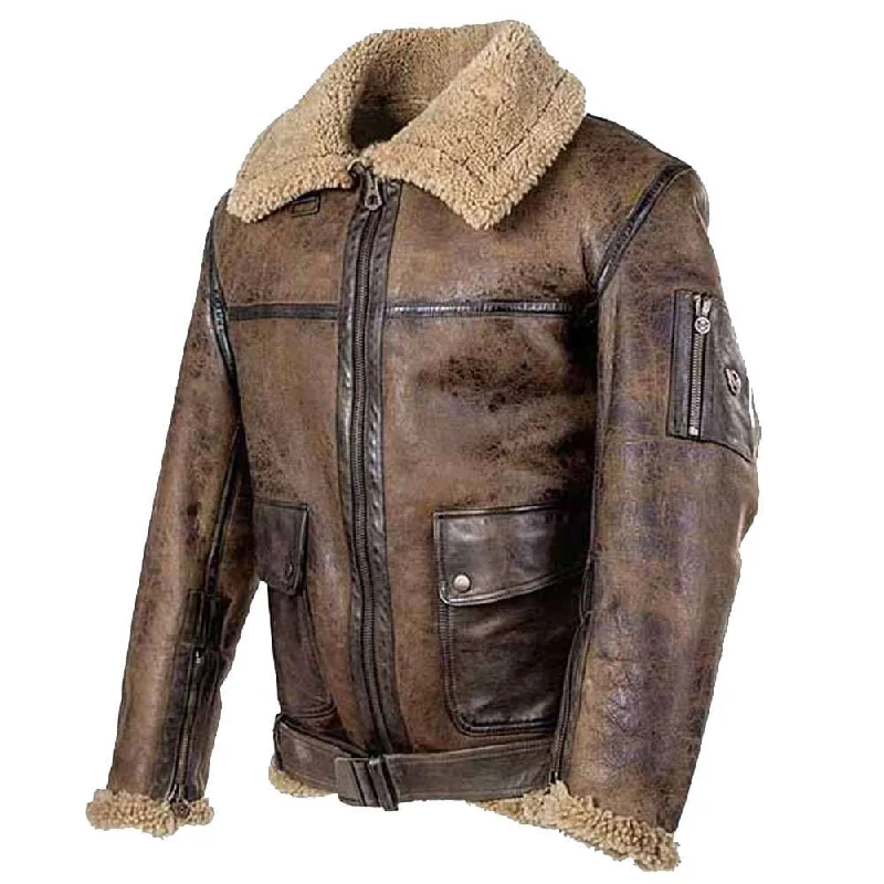 men's wool-blend jackets -Arnold Schwarzenegger Aviator Distressed Leather Jacket Brown