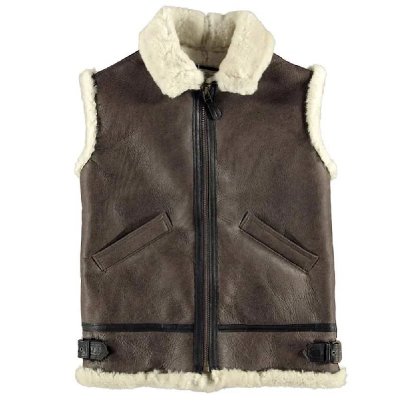 men's formal vest options -Aviator Dark Brown Shearling Bomber Leather Vest