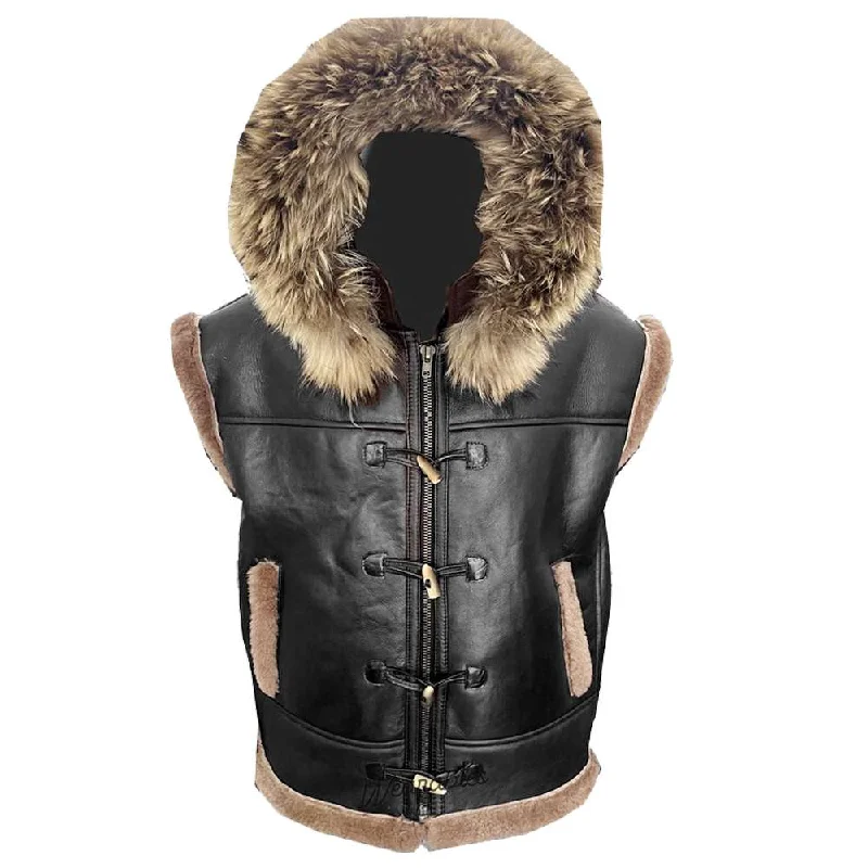 quilted vests for men -Aviator Flying Pilot Shearling Bomber Hooded Vest Men's