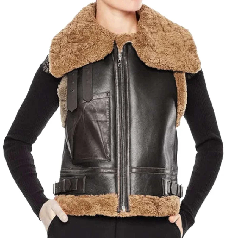 men's formal vest jackets -B3 Aviator Bomber Shearling Leather Vest Women