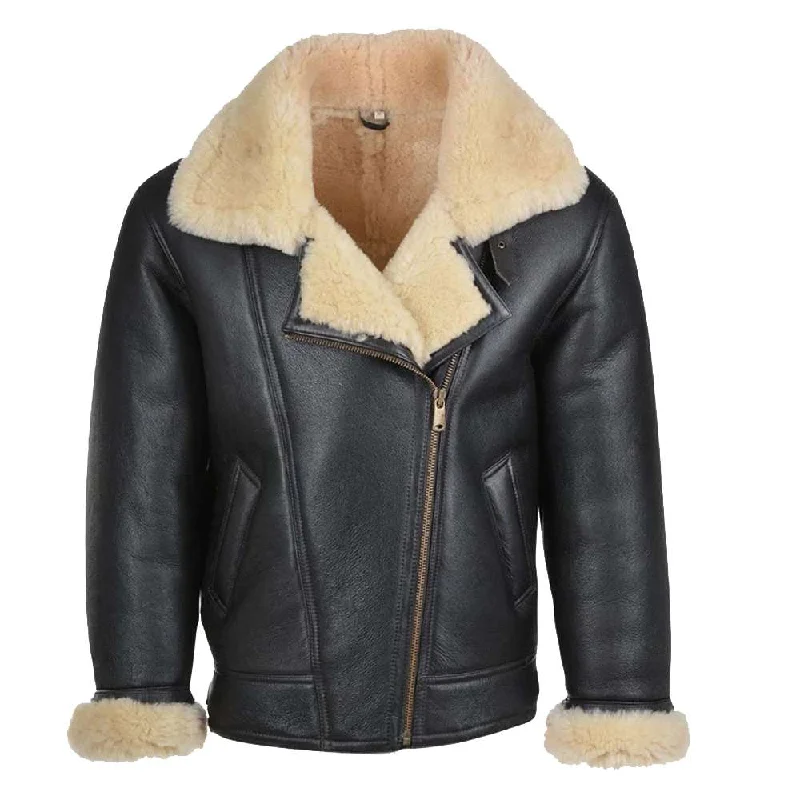 men's hooded jackets -B3 Bomber Aviator Flying Shearling Black Leather Jacket Mens Pilot