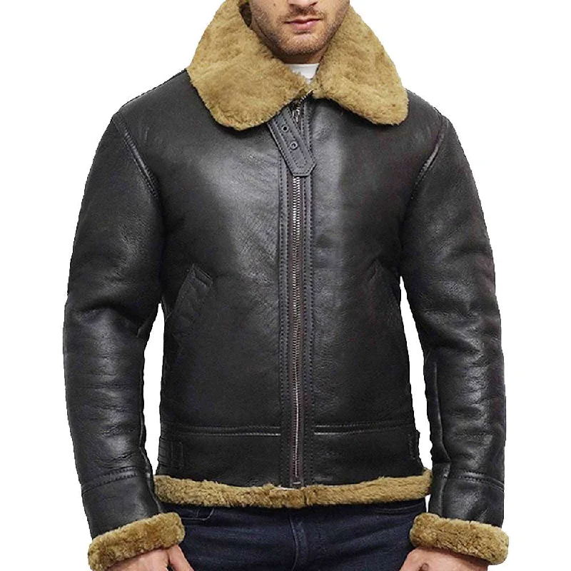 men's outdoor jackets -Men B3 Vintage Black World War Aviator Shearling Bomber Leather Jacket