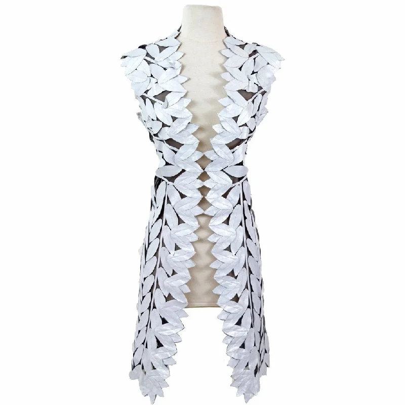 men's waistcoats for layering -Belgin Francis Classic Leaf Design Leather Midi Vest - WHITE