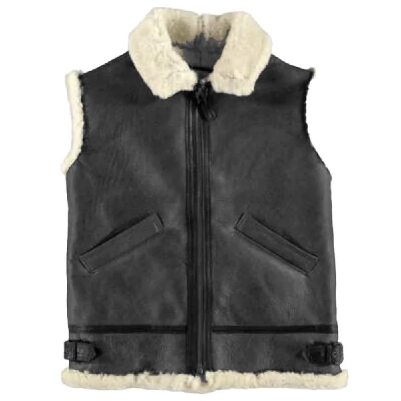 men's lightweight winter vests -Black Aviator Shearling Bomber Leather Vest