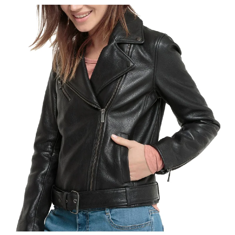 men's varsity jackets with patches -Women Lambskin Black Leather Jacket