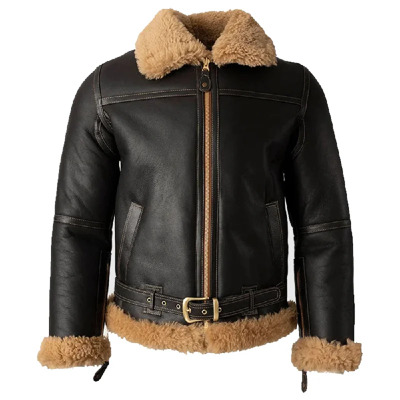 men's windbreakers -Black Leather B3 Shearling Bomber Jacket