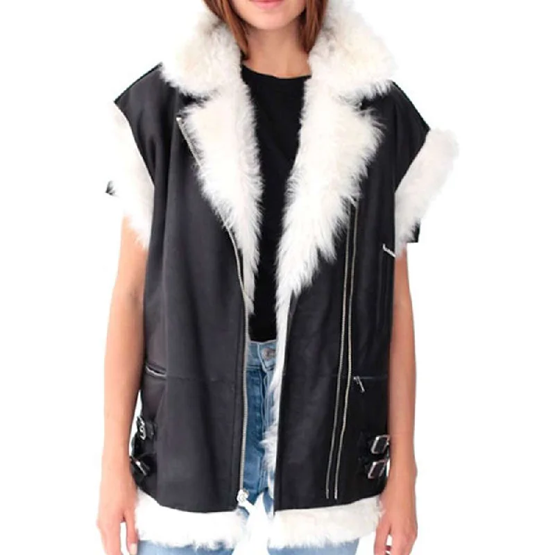 men's casual puffer vests -Black Motorcycle Shearling Genuine Leather Vest Women's