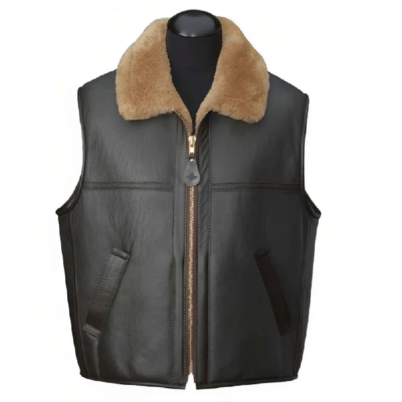 urban style vests for men -Black Shearling Aviator B3 Bomber Leather Vest Men