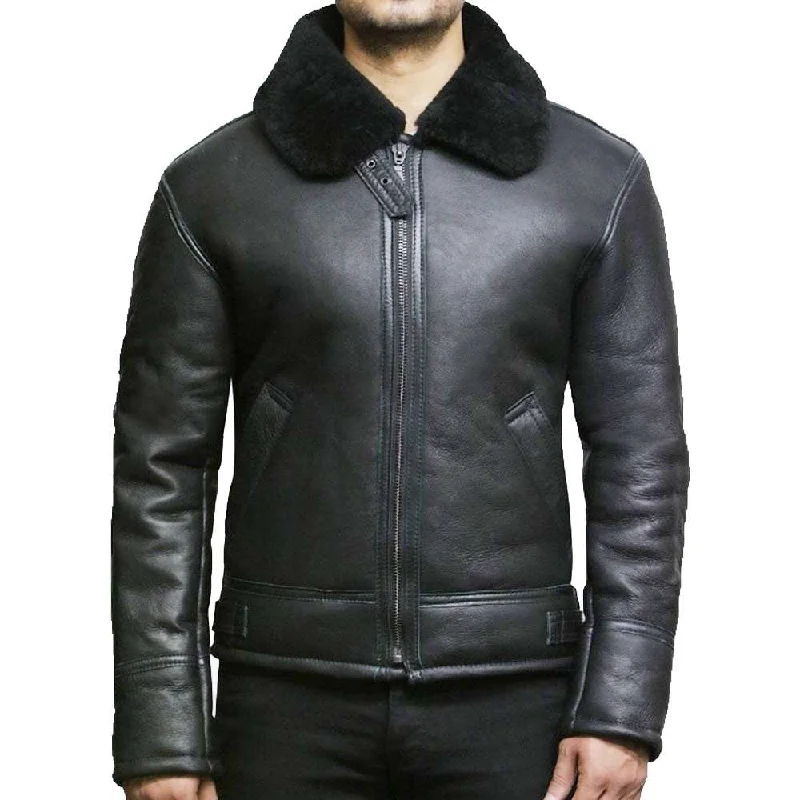 men's peacoats -Men's Black Shearling Leather Aviator Jacket