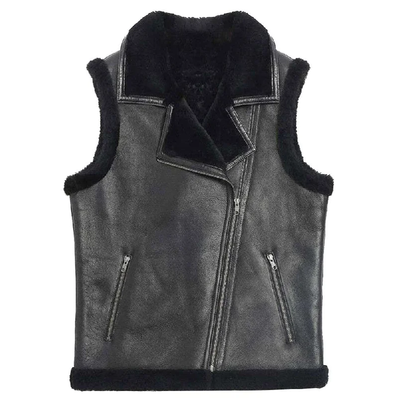 stylish formal vests for men -Black Shearling Leather Motorcycle Vest Men