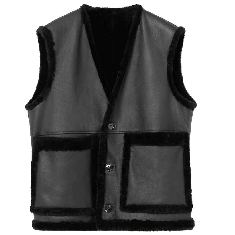 cotton waistcoats for men -Black Shearling Leather Vest Men