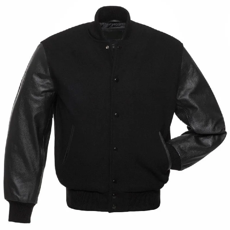 men's waterproof jackets -Black Varsity Wool Leather Jacket