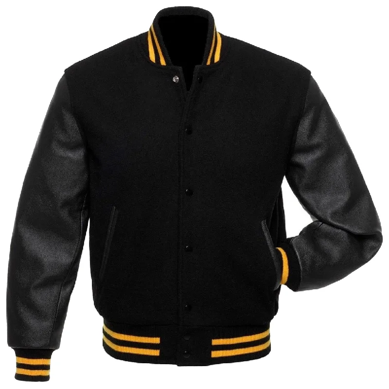 lightweight jackets for men -Black Wool Real Leather Sleeves Varsity Jacket