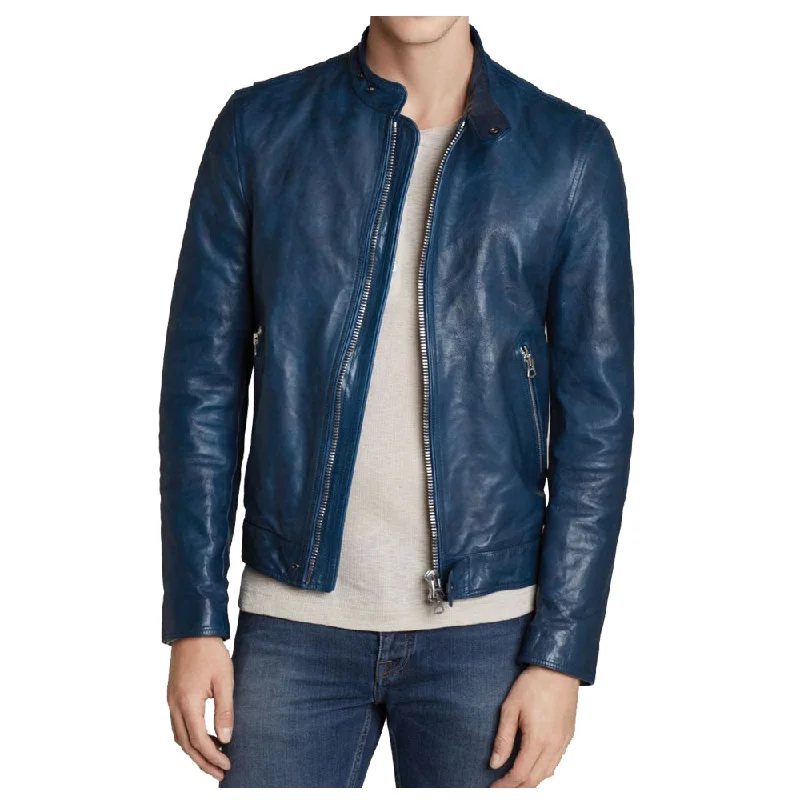 men's hooded jackets -Slim Fit Blue Leather Jacket Men