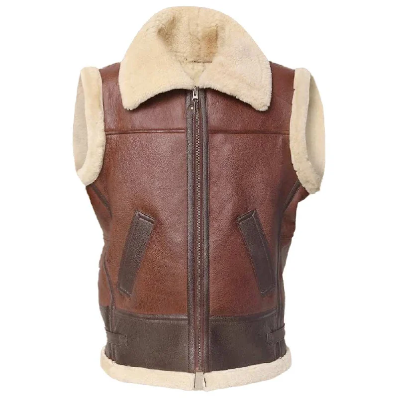 men's black vests for formal wear -Brown Aviator Pilot Shearling Leather Vest Men