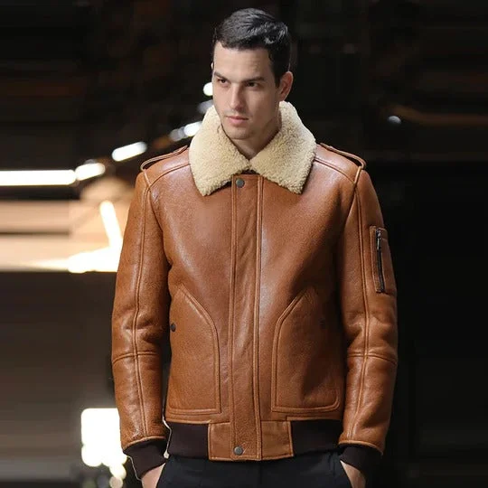 men's trench coats for rain -Brown B3 Flight Airforce Sheepskin Bomber Jacket for Men