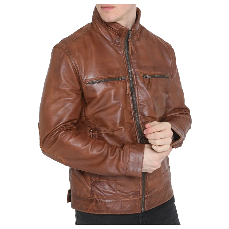 men's military jackets with zippers -Brown Leather Jacket Mens