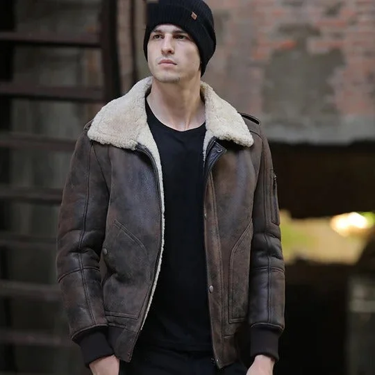 men's wool-blend jackets -Brown RAF Aviator Flight Shearling Sheepskin Leather Jacket for Men