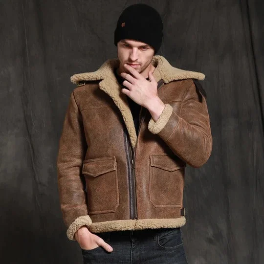 sleek jackets for formal wear -Brown Sheepskin Fur Shearling Leather Jacket Coat for Men