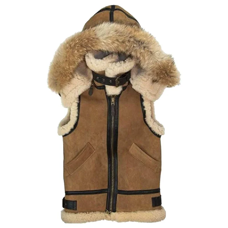 men's vest jackets for fall -Brown Suede Shearling Leather Vest Men