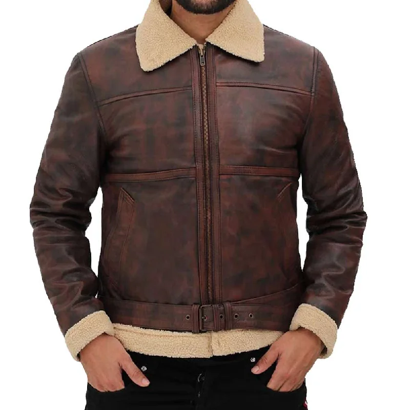 men's sleek jackets -Brown Vintage Distressed Shearling Bomber Leather Jacket