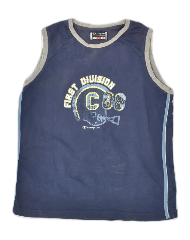 men's stylish vest jackets -CHAMPION Boys Graphic Vest Top 11-12 Years Large Navy Blue Cotton