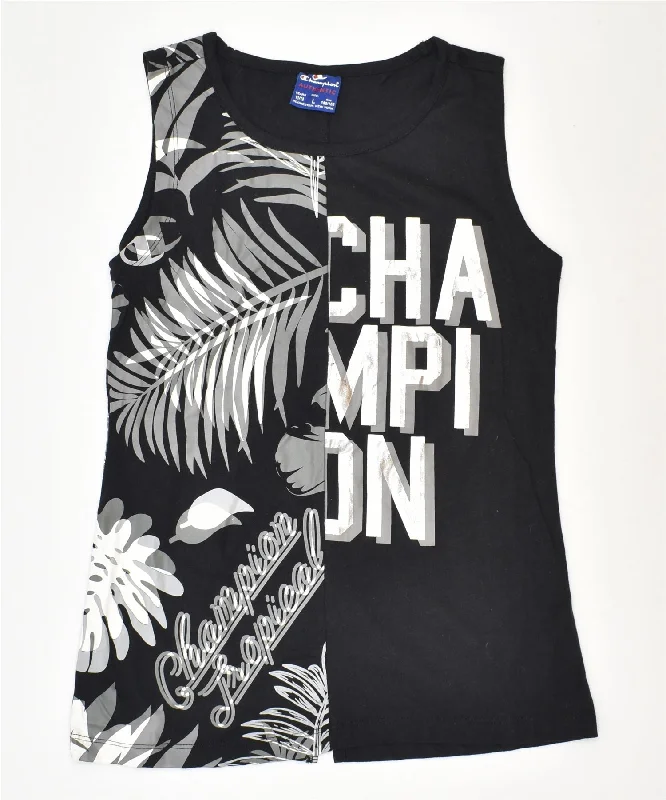 men's sleeveless waistcoats -CHAMPION Girls Graphic Vest Top 11-12 Years Large Black Floral Cotton