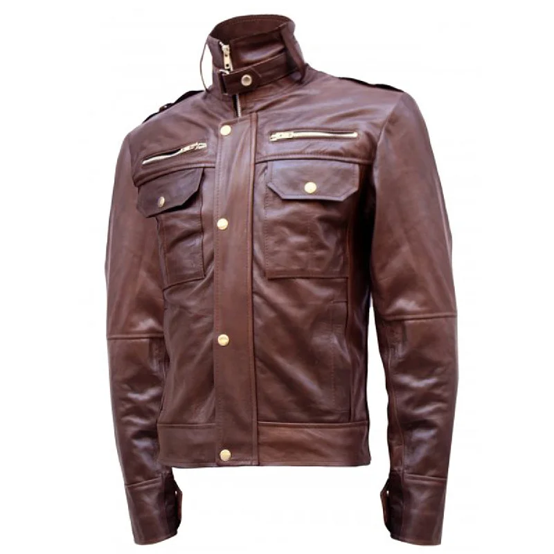 men's military jackets -Chocolate Brown Men Military Leather Jacket