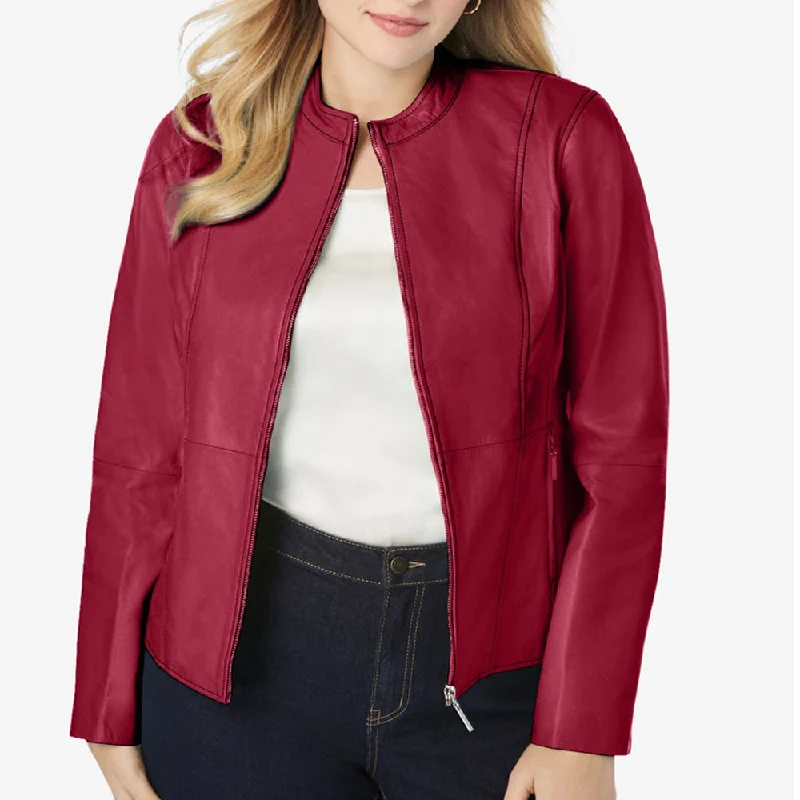 men's hooded bomber jackets -Chubby Women Red Fashion Leather Jacket