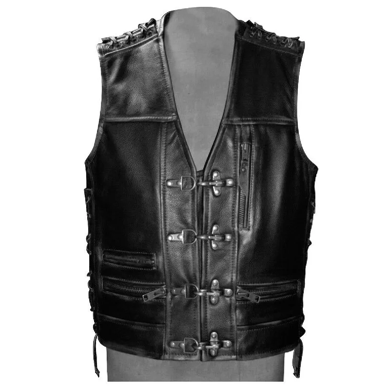 leather vests for men -Classic Black Leather Motorcycle Vest