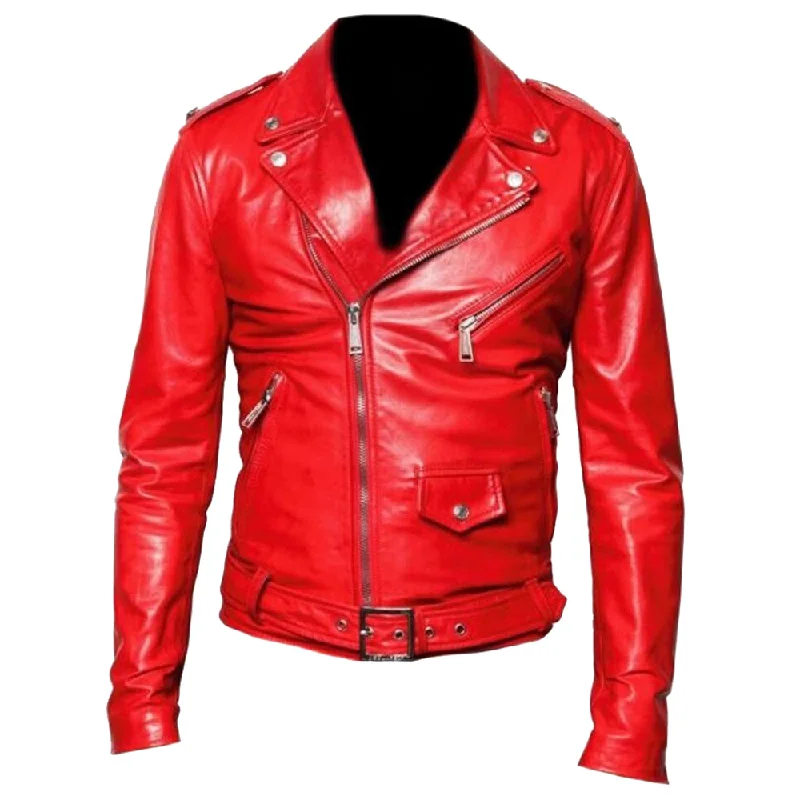 men's fleece jackets -Classic Red USA Moto Leather Jacket