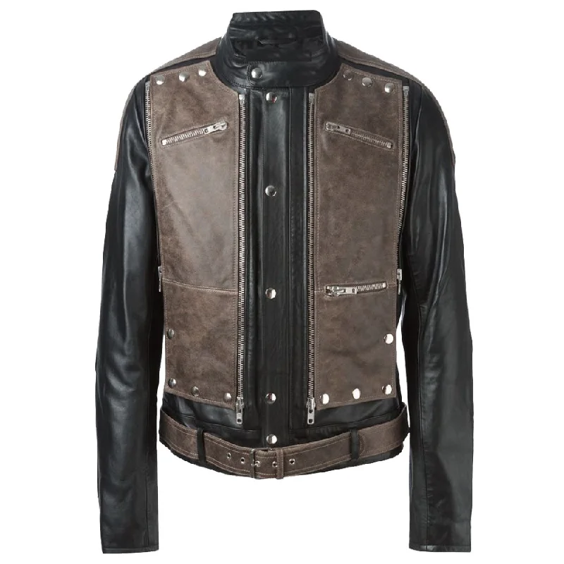 men's elegant jackets -Contrasting Brown Black Biker USA Jacket