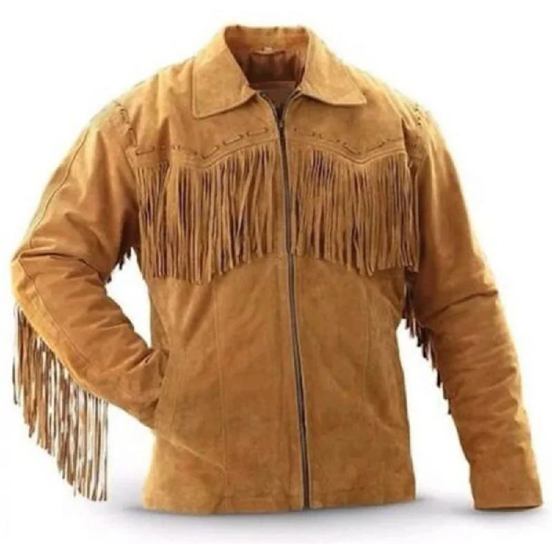 men's double-breasted blazers -Cowboy Western Brown Suede Leather Fringe Jacket