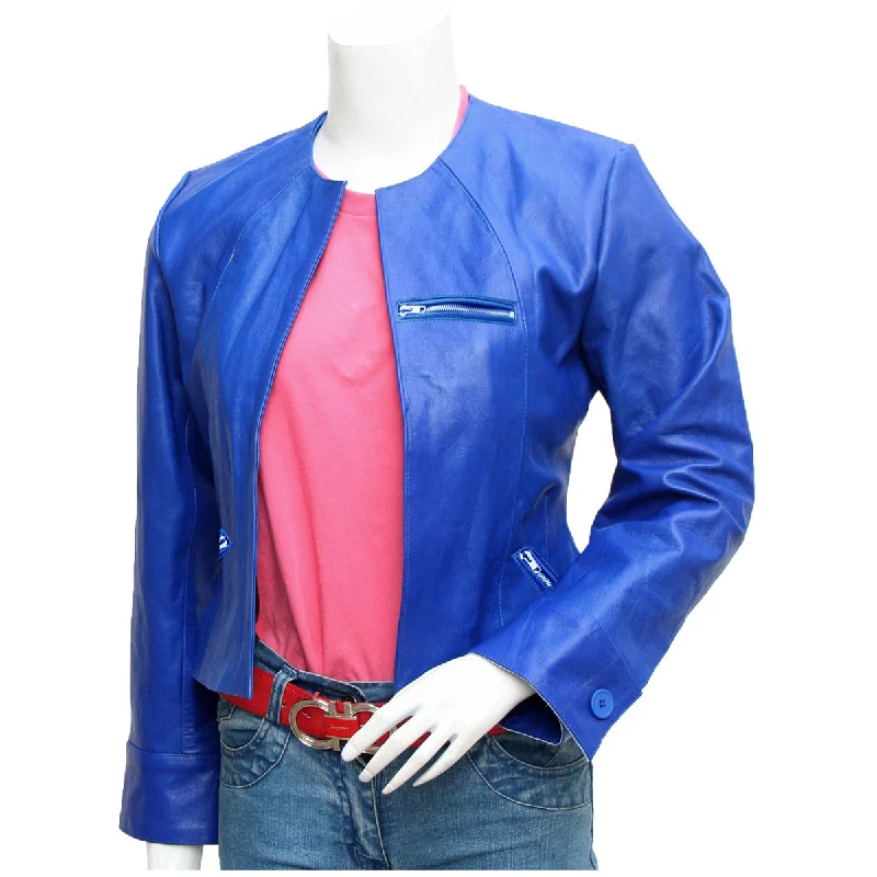 men's hooded jackets -Women's Blue Leather Collarless Jacket