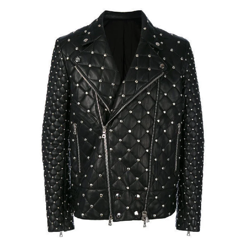 men's wool coat jackets -Customized Silver Studded Fashion Leather Jacket Men